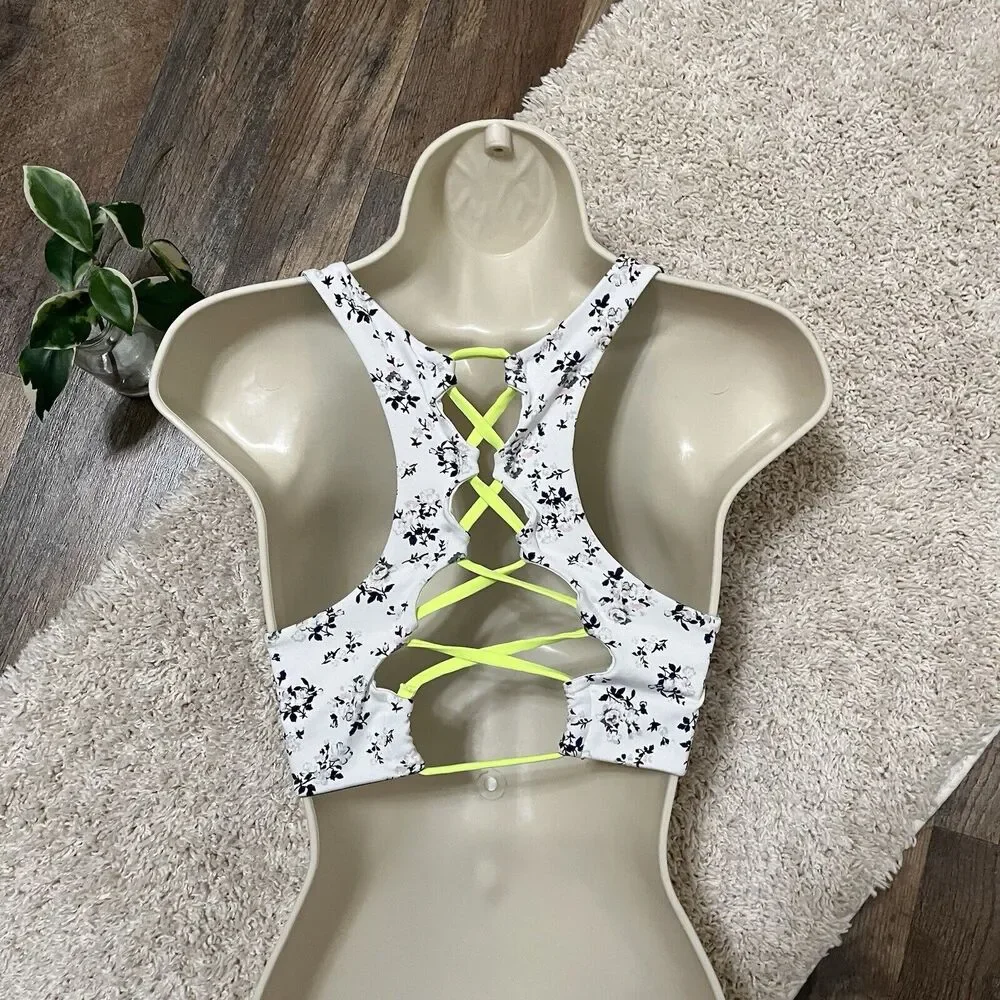 Victoria's Secret PINK Ultimate Small Floral Neon Yellow Lace Up Sports Bra - Picture 4 of 8